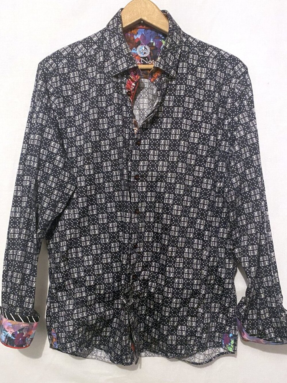 Au Noir Men's Shirt Size 4 / Large Geometric Floral Contrast Flip Cuffs Slim Fit